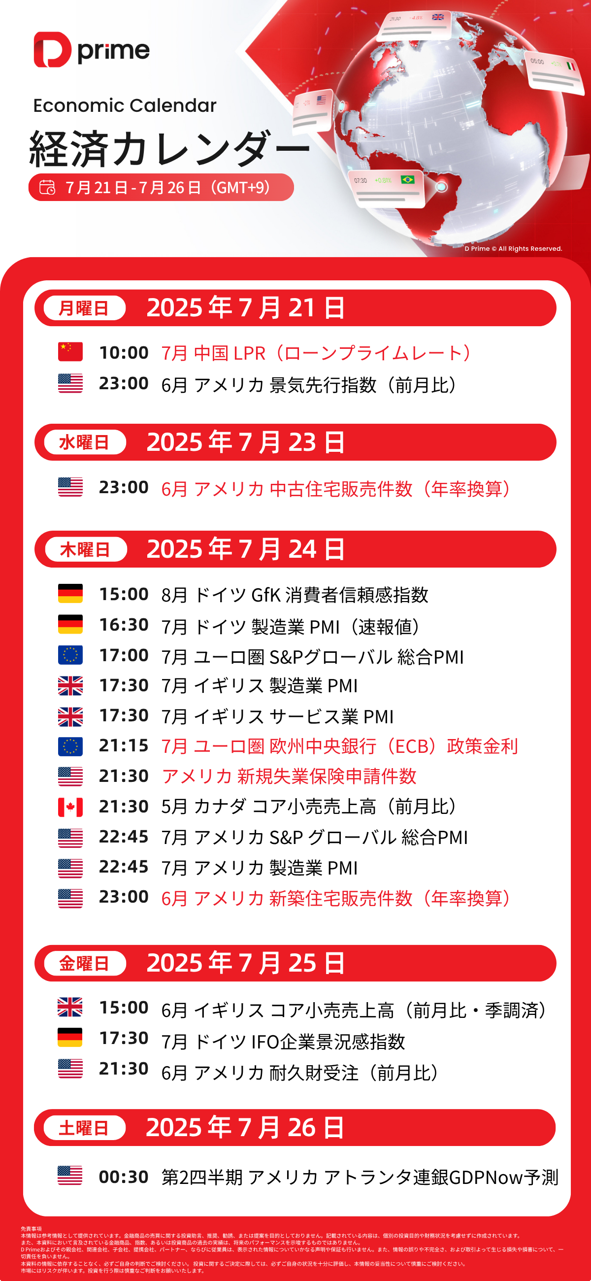 経済カレンダー | 7月21日 – 7月26日(GMT+9)